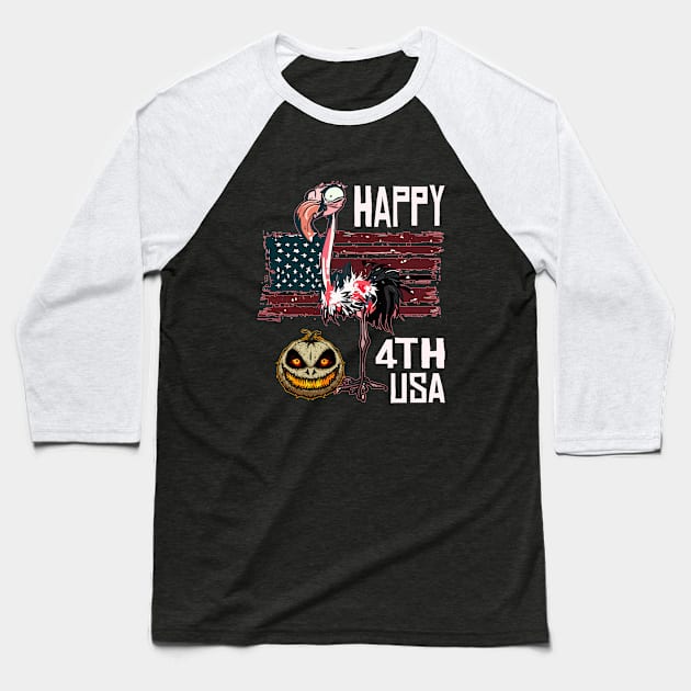 Scary Halloween Pumpkin Flamingo Happy 4th Usa American Flag July Fourth Baseball T-Shirt by Outrageous Flavors